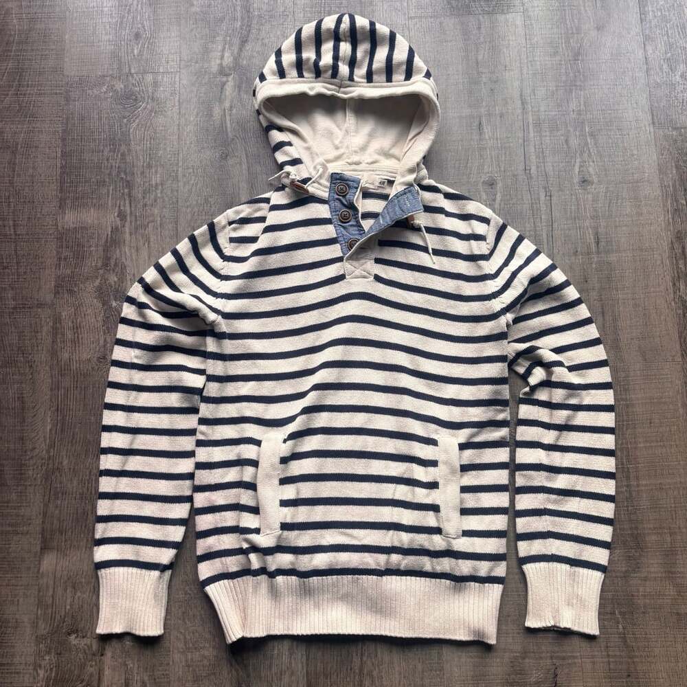 H&M L.O.G.G. Striped Henley Pullover Hoodie with Front Pocket